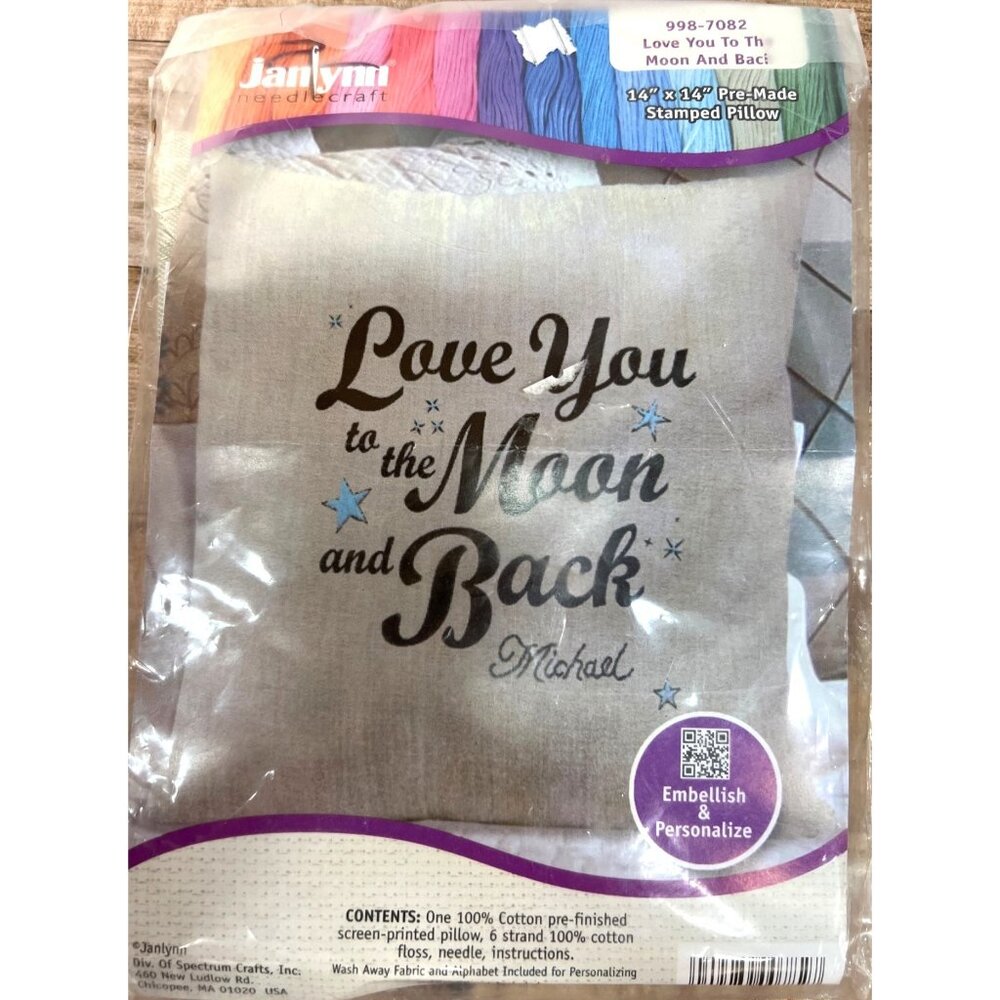 Love You To The Moon And Back Janlynn Pre-Made Stamped Embroidery Pillow Kit